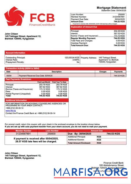 Realistic Kyrgyzstan Finance Credit Bank mortgage statement Word and PDF template